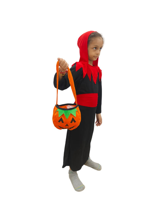 BookMyCostume Vampire Costume for Boys Red and Black Dracula Halloween Costume for Boys with Attached Hoodie with Vampire Teeth and Pumpkin Basket Combo