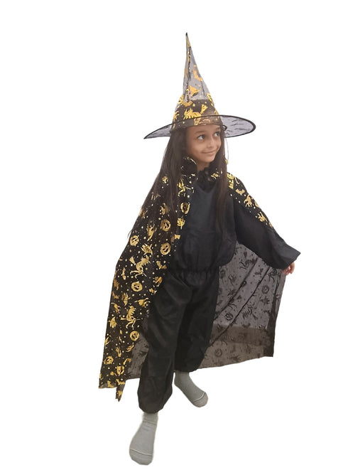 Golden and Black Witch Cape with Hat - Witch Costume for Girls with Printed witch Pumkin Design and Pumpkin Basket Combo | Halloween Costume for Girls