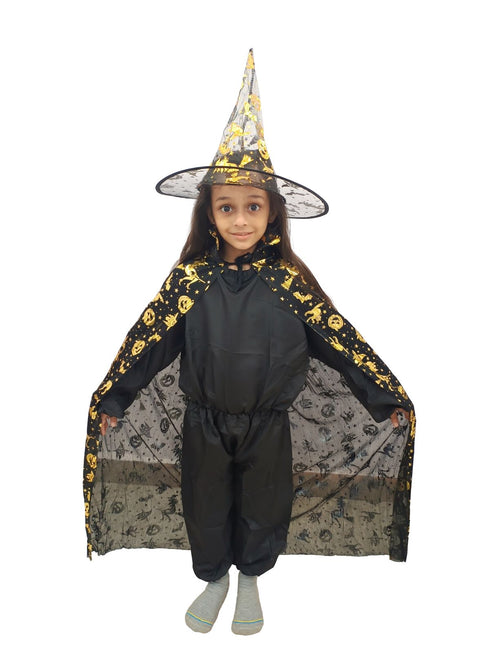 Golden and Black Witch Cape with Hat - Witch Costume for Girls with Printed witch Pumkin Design and Pumpkin Basket Combo | Halloween Costume for Girls