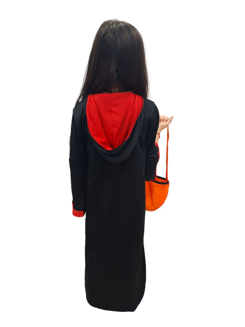 Red and Black Halloween Costume for Girls | Witch Costume for Girls Gown with Scary Attached Hood and Pumpkin Basket Combo