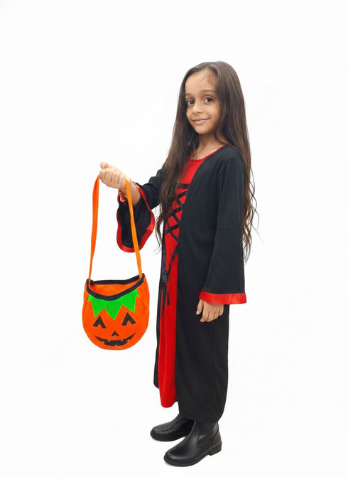 Red and Black Halloween Costume for Girls | Witch Costume for Girls Gown with Scary Attached Hood and Pumpkin Basket Combo