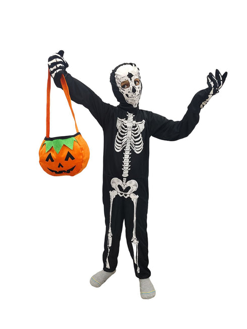 Scary Ghost Bhoot Skeleton Printed Body Suit With Mask And Gloves with Pumpkin Basket Halloween Costume for Theme Party For Boys | Kids