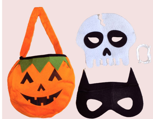 Halloween Accessories Combo - Pumpkin Trick & Treat Candy Basket Cloth with Dracula Teeth & Skeleton Scary Halloween Mask & Black Superhero Mask Halloween Costume Fancy Dress Pack of 4 Accessories