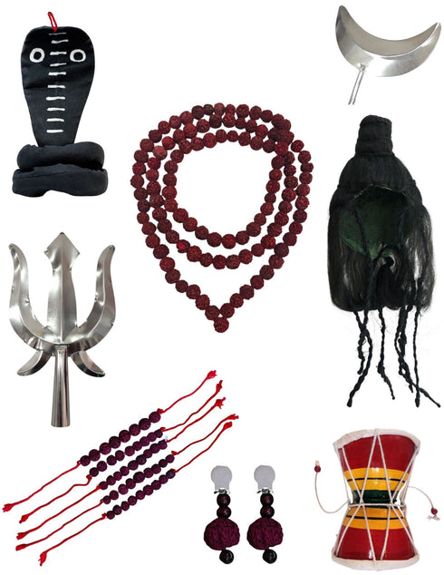 Shiva Accessories for Men | Complete Shankar Bhagwan Jewellery Set - Trishul, Damru, Rudraksha, Sarp, Chand & Wig for Shivratri and Fancy Dress Costume Accessory