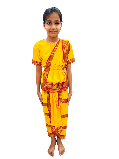 BookMyCostume Yellow & Red Bharatanatyam Saree Indian Classical Dance Costume for Girls | Kids & Adult Fancy Dress Costume
