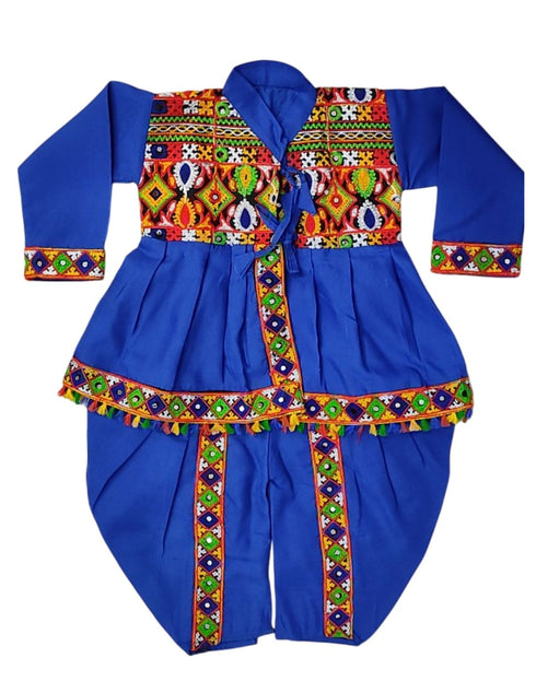 Blue Gujarati Kedia with Dhoti & Turban Cap With A Pair of Dandiya Sticks – Traditional Outfit with State Artwork & Gota Work for Navratri & Festivals | Gujarat Fancy Dress Costume For Kids & Adults