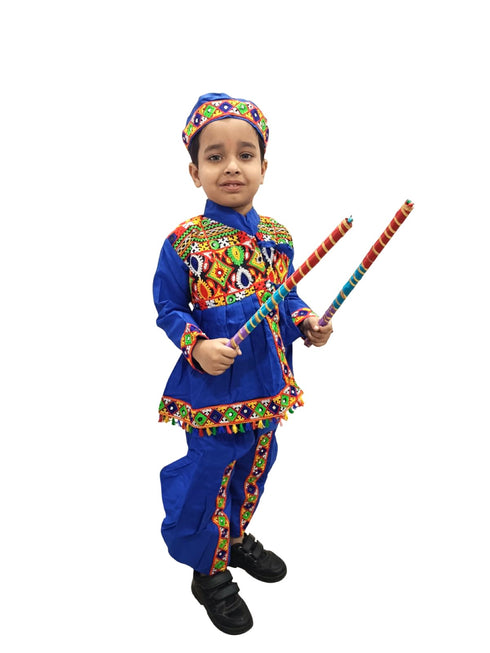 BookMyCostume Blue Gujarati Kedia with Dhoti & Turban Cap With A Pair of Dandiya Sticks – Traditional Outfit with State Artwork & Gota Work for Navratri & Festivals | Gujarat Fancy Dress Costume For Kids & Adults