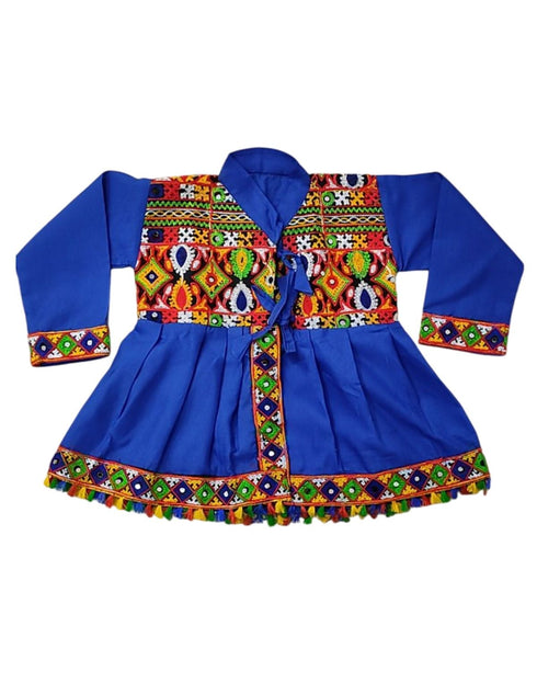 Blue Gujarati Kedia with Dhoti & Turban Cap With A Pair of Dandiya Sticks – Traditional Outfit with State Artwork & Gota Work for Navratri & Festivals | Gujarat Fancy Dress Costume For Kids & Adults