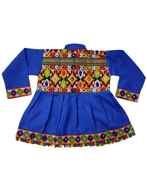 BookMyCostume Blue Gujarati Kedia with Dhoti & Turban Cap With A Pair of Dandiya Sticks – Traditional Outfit with State Artwork & Gota Work for Navratri & Festivals | Gujarat Fancy Dress Costume For Kids & Adults