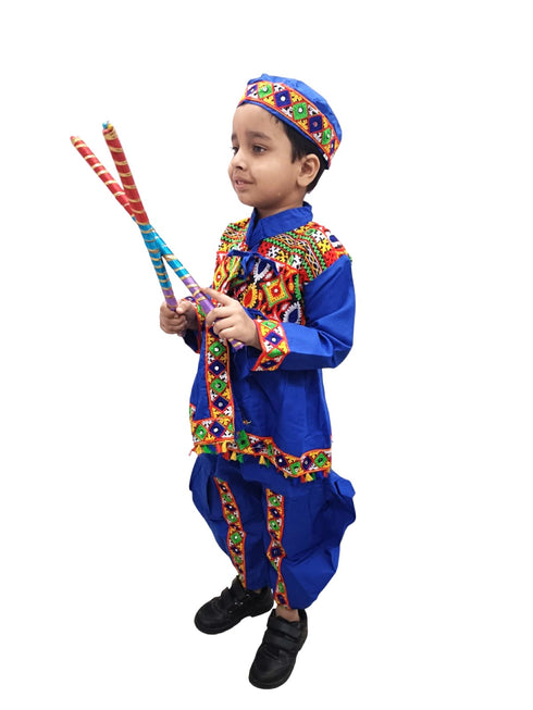 BookMyCostume Blue Gujarati Kedia with Dhoti & Turban Cap With A Pair of Dandiya Sticks – Traditional Outfit with State Artwork & Gota Work for Navratri & Festivals | Gujarat Fancy Dress Costume For Kids & Adults