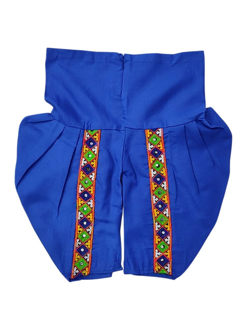 Blue Gujarati Kedia with Dhoti & Turban Cap With A Pair of Dandiya Sticks – Traditional Outfit with State Artwork & Gota Work for Navratri & Festivals | Gujarat Fancy Dress Costume For Kids & Adults