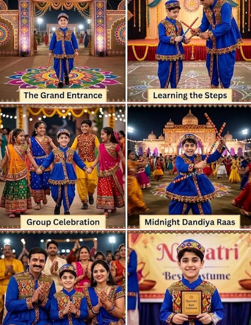 Blue Gujarati Kedia with Dhoti & Turban Cap With A Pair of Dandiya Sticks – Traditional Outfit with State Artwork & Gota Work for Navratri & Festivals | Gujarat Fancy Dress Costume For Kids & Adults