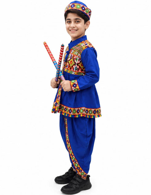 Blue Gujarati Kedia with Dhoti & Turban Cap With A Pair of Dandiya Sticks – Traditional Outfit with State Artwork & Gota Work for Navratri & Festivals | Gujarat Fancy Dress Costume For Kids & Adults