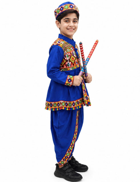 Blue Gujarati Kedia with Dhoti & Turban Cap With A Pair of Dandiya Sticks – Traditional Outfit with State Artwork & Gota Work for Navratri & Festivals | Gujarat Fancy Dress Costume For Kids & Adults