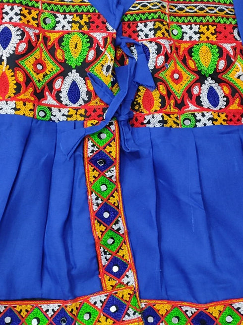 Blue Gujarati Kedia with Dhoti & Turban Cap With A Pair of Dandiya Sticks – Traditional Outfit with State Artwork & Gota Work for Navratri & Festivals | Gujarat Fancy Dress Costume For Kids & Adults