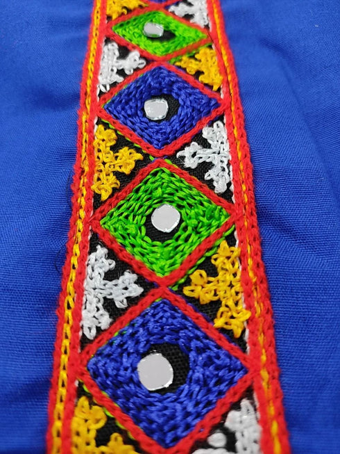 Blue Gujarati Kedia with Dhoti & Turban Cap With A Pair of Dandiya Sticks – Traditional Outfit with State Artwork & Gota Work for Navratri & Festivals | Gujarat Fancy Dress Costume For Kids & Adults