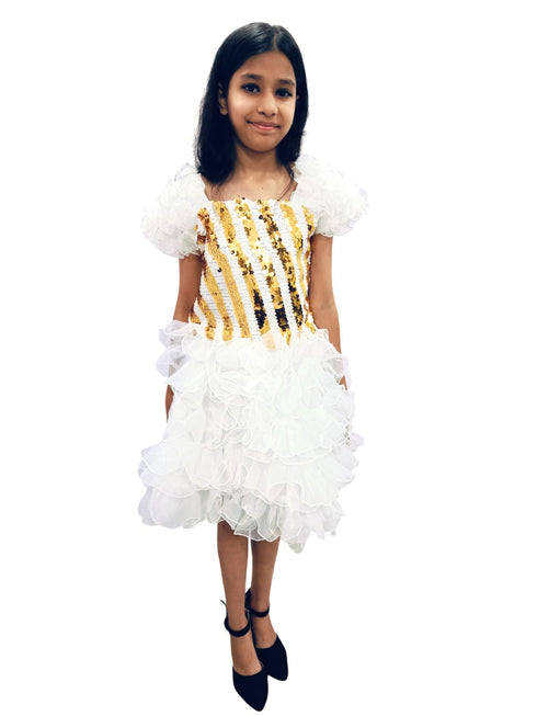White & Golden Sequin Western Dance Costume for Girls | Stylish Top with Frill Sleeves & White Fluffy Skirt | Party Wear & Western Dance Costume for Kids