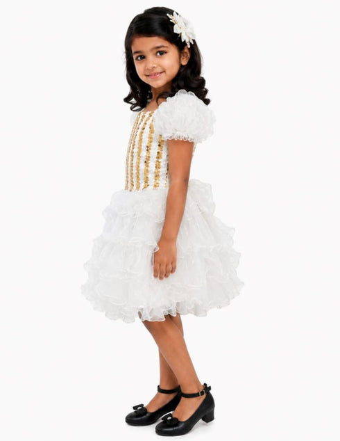 White & Golden Sequin Western Dance Costume for Girls | Stylish Top with Frill Sleeves & White Fluffy Skirt | Party Wear & Western Dance Costume for Kids