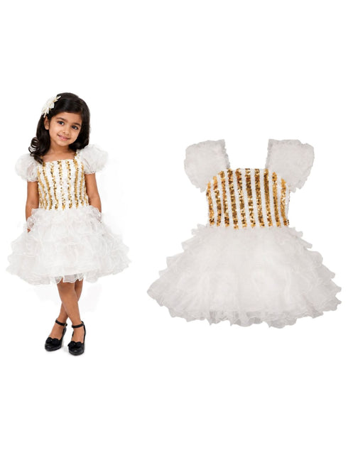 White & Golden Sequin Western Dance Costume for Girls | Stylish Top with Frill Sleeves & White Fluffy Skirt | Party Wear & Western Dance Costume for Kids