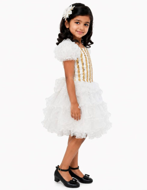 White & Golden Sequin Western Dance Costume for Girls | Stylish Top with Frill Sleeves & White Fluffy Skirt | Party Wear & Western Dance Costume for Kids