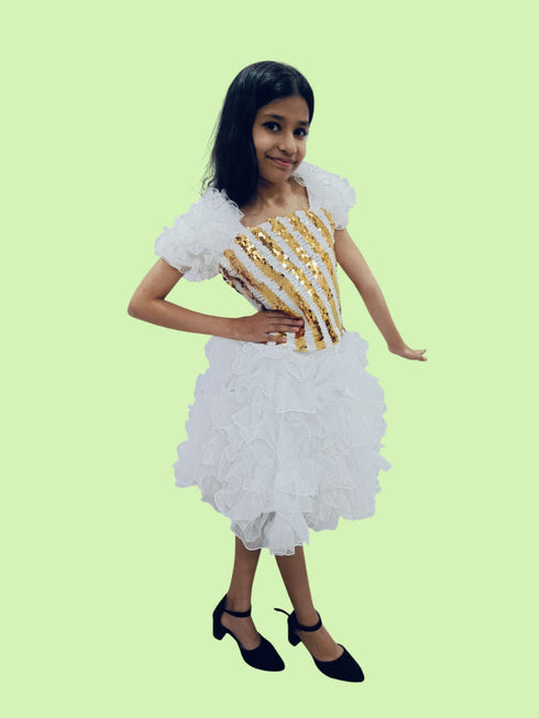 White & Golden Sequin Western Dance Costume for Girls | Stylish Top with Frill Sleeves & White Fluffy Skirt | Party Wear & Western Dance Costume for Kids