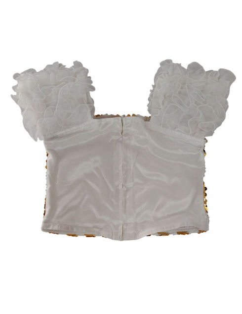 BookMyCostume White & Golden Sequin Western Dance Costume for Girls | Stylish Top with Frill Sleeves & White Fluffy Skirt | Party Wear & Western Dance Costume for Kids