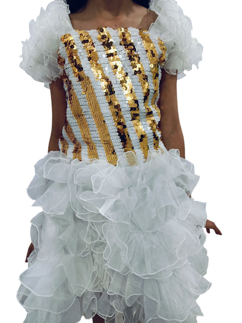 BookMyCostume White & Golden Sequin Western Dance Costume for Girls | Stylish Top with Frill Sleeves & White Fluffy Skirt | Party Wear & Western Dance Costume for Kids
