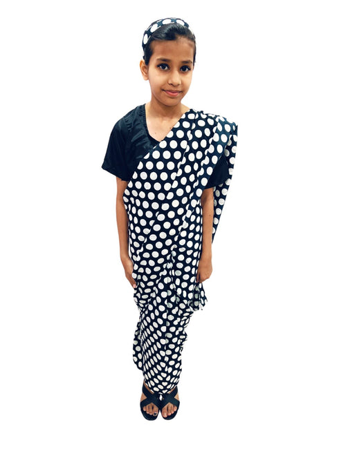 BookMyCostume Black Retro Polka Dot Saree Costume for Girls | Ready-to-Wear Saree with Blouse & Hairband | 70s Bollywood Fancy Dress for Theme Parties & School Functions