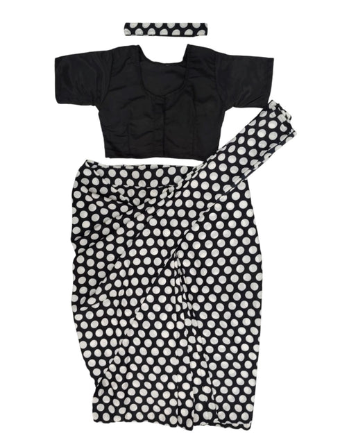 BookMyCostume Black Retro Polka Dot Saree Costume for Girls | Ready-to-Wear Saree with Blouse & Hairband | 70s Bollywood Fancy Dress for Theme Parties & School Functions
