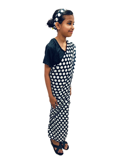 BookMyCostume Black Retro Polka Dot Saree Costume for Girls | Ready-to-Wear Saree with Blouse & Hairband | 70s Bollywood Fancy Dress for Theme Parties & School Functions