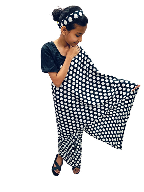 BookMyCostume Black Retro Polka Dot Saree Costume for Girls | Ready-to-Wear Saree with Blouse & Hairband | 70s Bollywood Fancy Dress for Theme Parties & School Functions