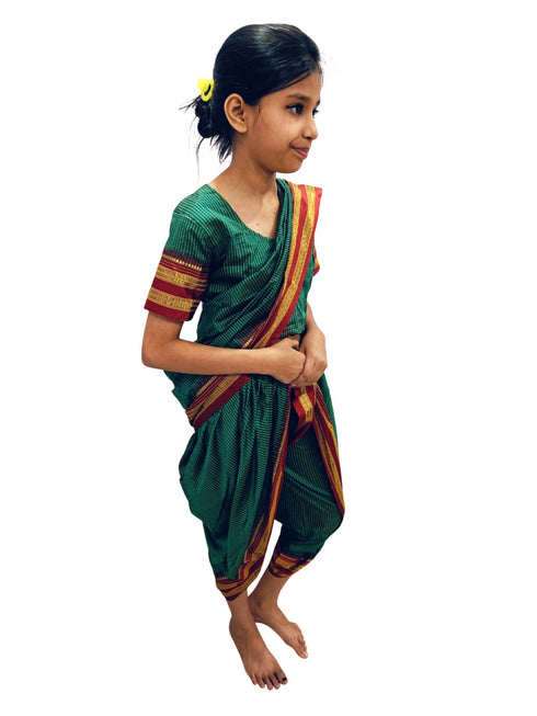 BookMyCostume Traditional Marathi Dress for Girls | Dark Green Nauvari Saree for Kids with Blouse | Fisherwoman Costume for Kids | Indian Cultural State Dress