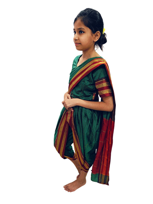 BookMyCostume Traditional Marathi Dress for Girls | Dark Green Nauvari Saree for Kids with Blouse | Fisherwoman Costume for Kids | Indian Cultural State Dress