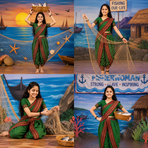 Traditional Marathi Dress for Girls | Dark Green Nauvari Saree for Kids with Blouse | Fisherwoman Costume for Kids | Indian Cultural State Dress