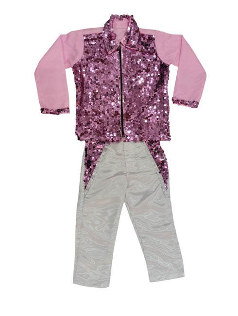 BookMyCostume Pink Sequin Shirt & White Shiny Pants Western Dance Costume for Boys | Full Sleeve Party Wear Outfit | Theme Annual Day & Fancy Dress Outfit
