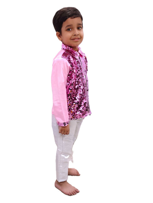 BookMyCostume Pink Sequin Shirt & White Shiny Pants Western Dance Costume for Boys | Full Sleeve Party Wear Outfit | Theme Annual Day & Fancy Dress Outfit