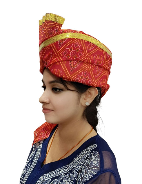 BookMyCostume Bandhej Turban/Pagdi with Turra for Men & Women | Wedding & Celebration Headwear | Traditional Rajasthani Pagdi for Barati & Guests | Free Size