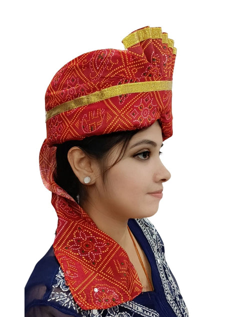 BookMyCostume Bandhej Turban/Pagdi with Turra for Men & Women | Wedding & Celebration Headwear | Traditional Rajasthani Pagdi for Barati & Guests | Free Size