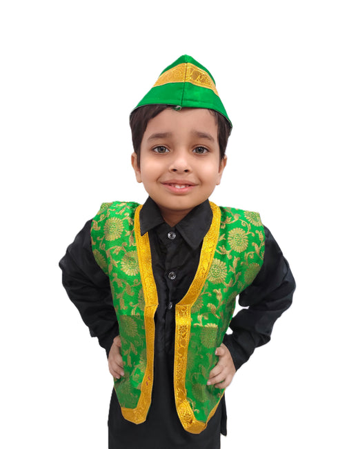 Green Qawwali Jacket & Cap Combo for Kids | Green Embroidered Ethnic Fancy Dress Costume | Sufi Singer Kurta Style Waistcoat & Head Cap for Theme Parties & Stage Shows