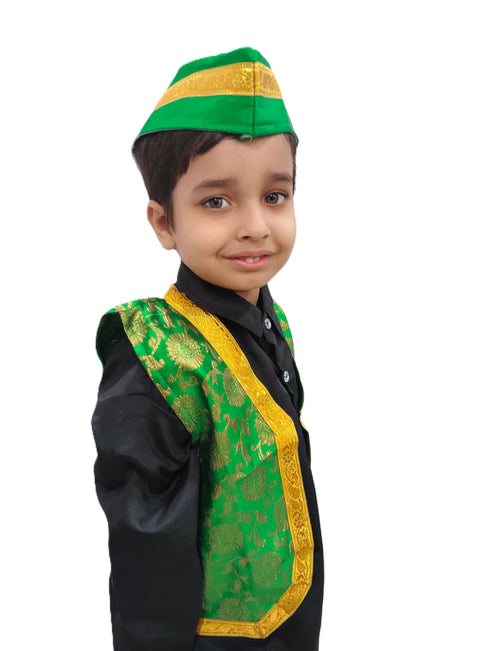 Green Qawwali Jacket & Cap Combo for Kids | Green Embroidered Ethnic Fancy Dress Costume | Sufi Singer Kurta Style Waistcoat & Head Cap for Theme Parties & Stage Shows