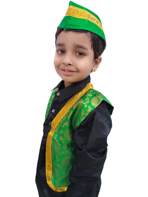 Green Qawwali Jacket & Cap Combo for Kids | Green Embroidered Ethnic Fancy Dress Costume | Sufi Singer Kurta Style Waistcoat & Head Cap for Theme Parties & Stage Shows