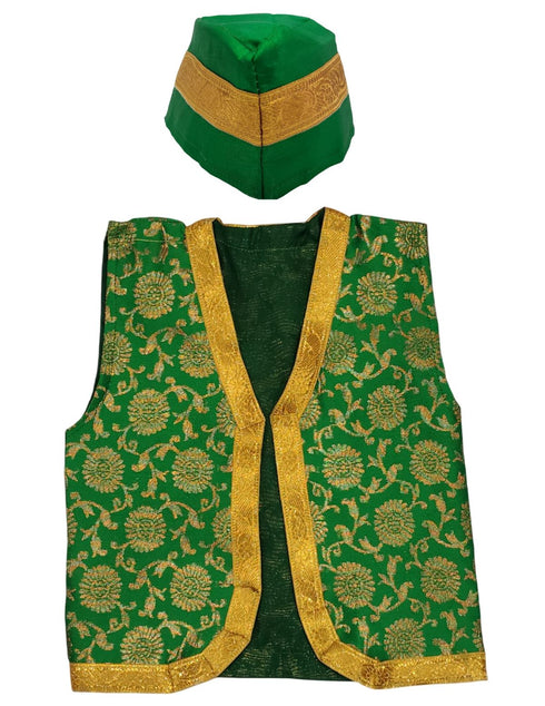 Green Qawwali Jacket & Cap Combo for Kids | Green Embroidered Ethnic Fancy Dress Costume | Sufi Singer Kurta Style Waistcoat & Head Cap for Theme Parties & Stage Shows