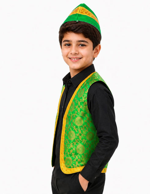 Green Qawwali Jacket & Cap Combo for Kids | Green Embroidered Ethnic Fancy Dress Costume | Sufi Singer Kurta Style Waistcoat & Head Cap for Theme Parties & Stage Shows