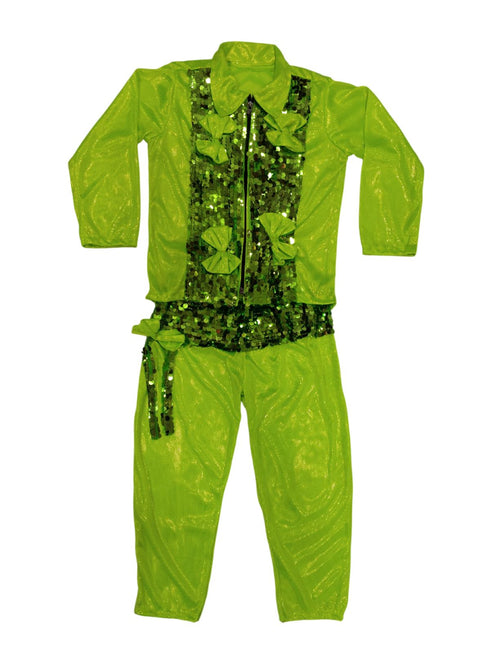 BookMyCostume Light Green Western Dance Costume for Boys | Full Sleeves Sequin Collared Shirt with Matching Pants | Nylon & Sequence Dance Costume for Boys | Stylish Fancy Dress for Kids