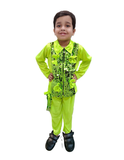BookMyCostume Light Green Western Dance Costume for Boys | Full Sleeves Sequin Collared Shirt with Matching Pants | Nylon & Sequence Dance Costume for Boys | Stylish Fancy Dress for Kids