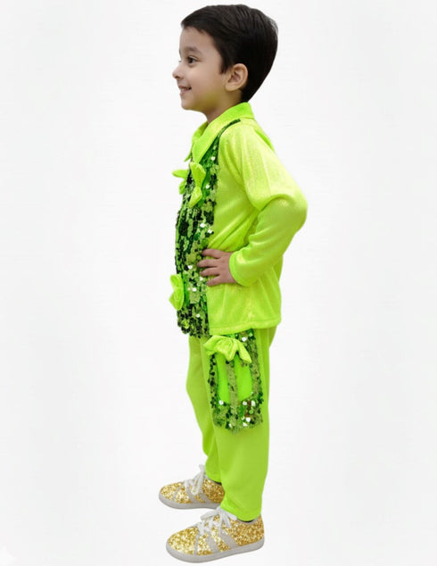 Light Green Western Dance Costume for Boys | Full Sleeves Sequin Collared Shirt with Matching Pants | Nylon & Sequence Dance Costume for Boys | Stylish Fancy Dress for Kids