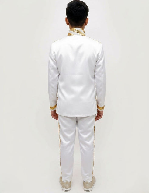 White & Golden Sequin Western Dance Costume for Boys | Stylish Shiny Full Sleeve Shirt and Pant Set with Zipper Closure | Dance Costume for Boys | Fancy Dress for Boys