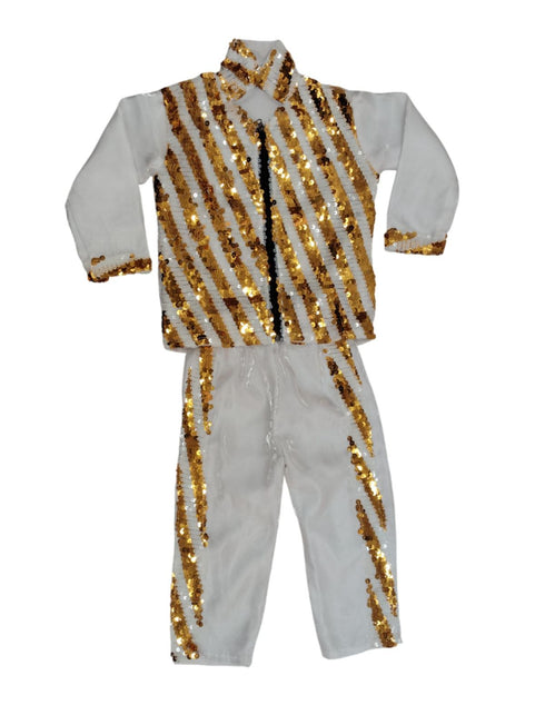 White & Golden Sequin Western Dance Costume for Boys | Stylish Shiny Full Sleeve Shirt and Pant Set with Zipper Closure | Dance Costume for Boys | Fancy Dress for Boys