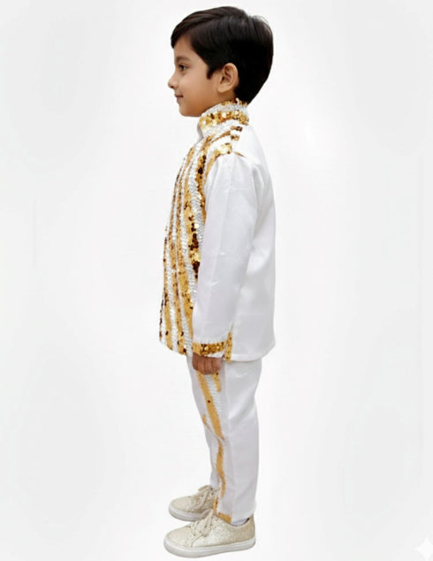 White & Golden Sequin Western Dance Costume for Boys | Stylish Shiny Full Sleeve Shirt and Pant Set with Zipper Closure | Dance Costume for Boys | Fancy Dress for Boys