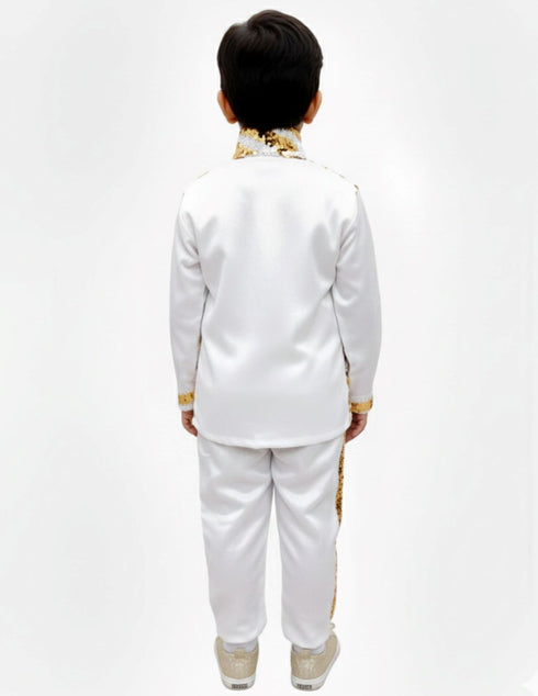 White & Golden Sequin Western Dance Costume for Boys | Stylish Shiny Full Sleeve Shirt and Pant Set with Zipper Closure | Dance Costume for Boys | Fancy Dress for Boys